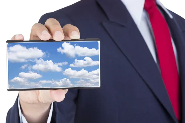 Smartphone op zakenman hand — Stockfoto