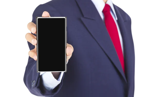 Smartphone op zakenman hand — Stockfoto