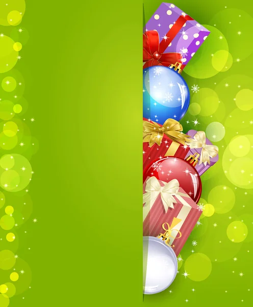 Vector christmas groene achtergrond met giften en ballen — Stockvector