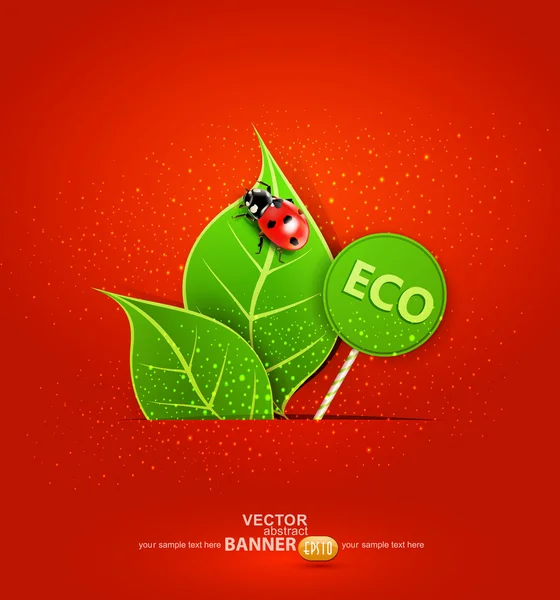 Vector red background with leafs and ladybird — Stock Vector