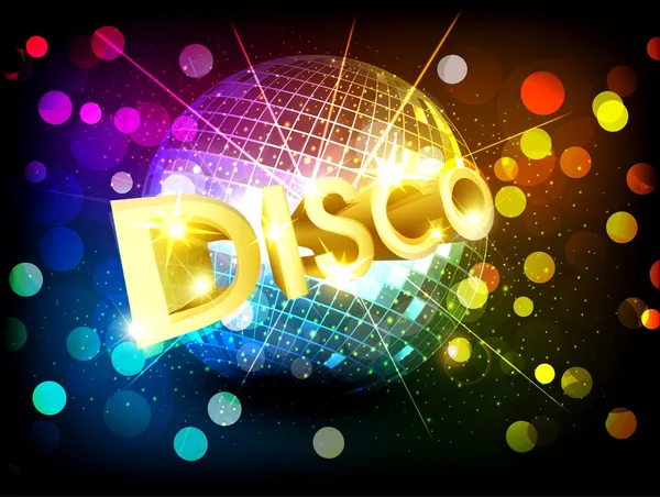 Vector disco background with disco ball and gold lettering — Stock Vector