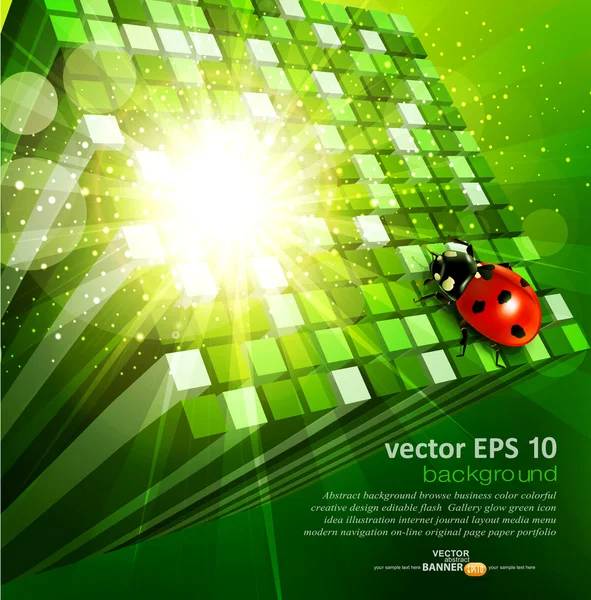 Vector abstract background with green cubes and ladybug — Stock Vector