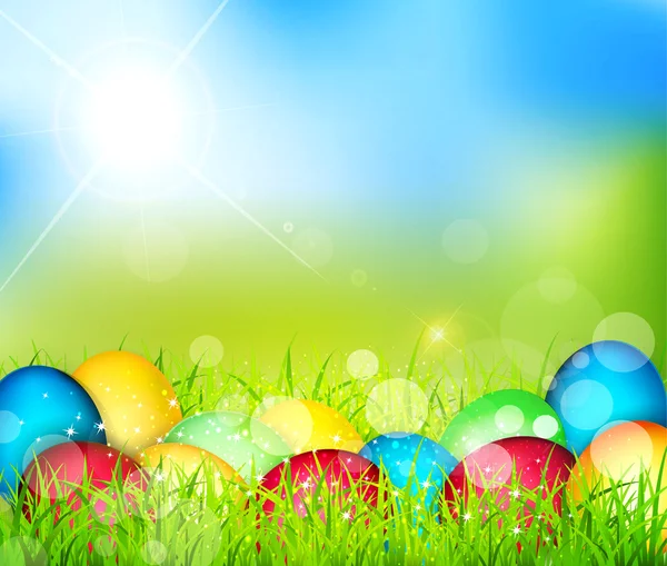 Vector painted Easter eggs lying in the grass against the sky an — Stock Vector