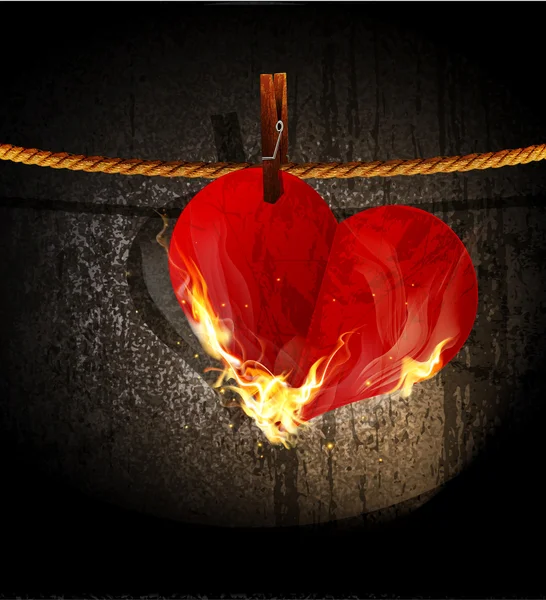 Vector burning heart hanging on a rope — Stock Vector