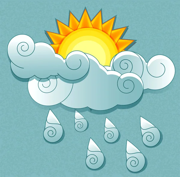 Iconos meteorológicos vectoriales en estilo retro. Sol detrás de las nubes y r — Archivo Imágenes Vectoriales