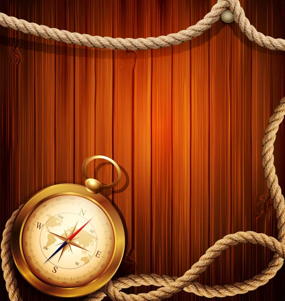 Vector vintage background with a compass and marine rope — Stock Vector