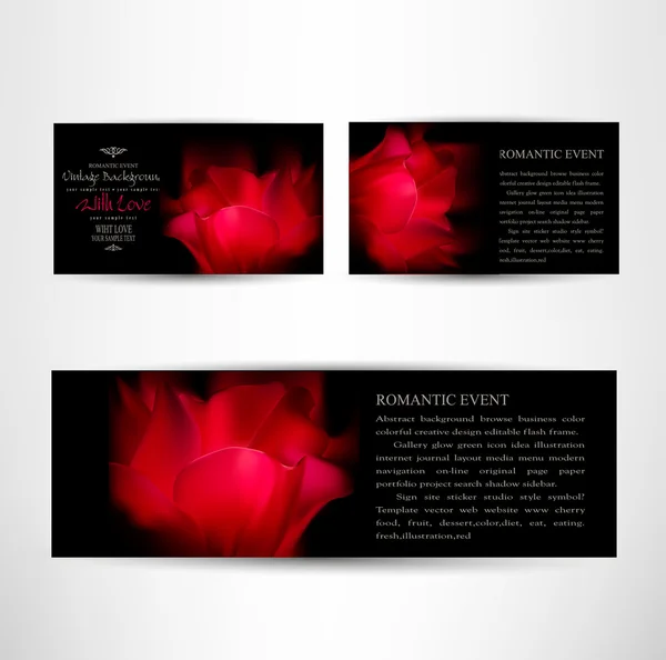 Cartes romantiques avec pétales de tulipes rouges sur fond noir — Image vectorielle