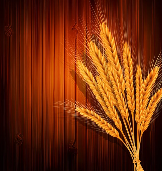 Vektorové zlaté uši pšenice na dřevěné pozadí — Stockový vektor