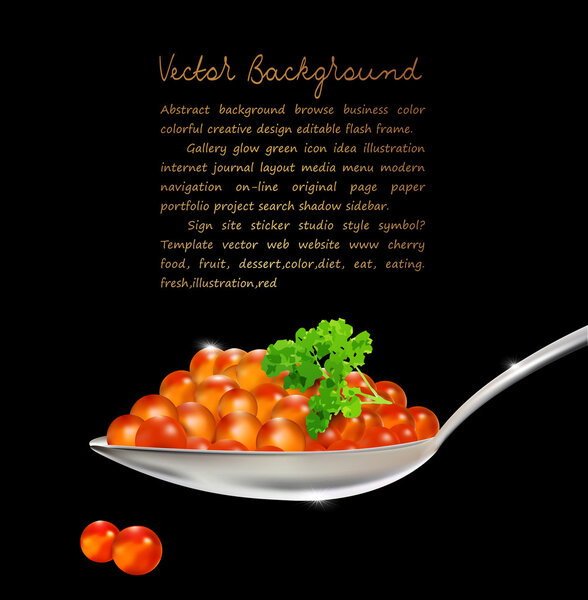 Vector red caviar with parsley and a spoon on a black background