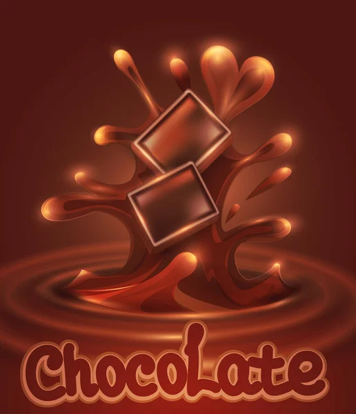 Fond vectoriel avec des morceaux de chocolat tombant dans le chocolat fondu — Image vectorielle