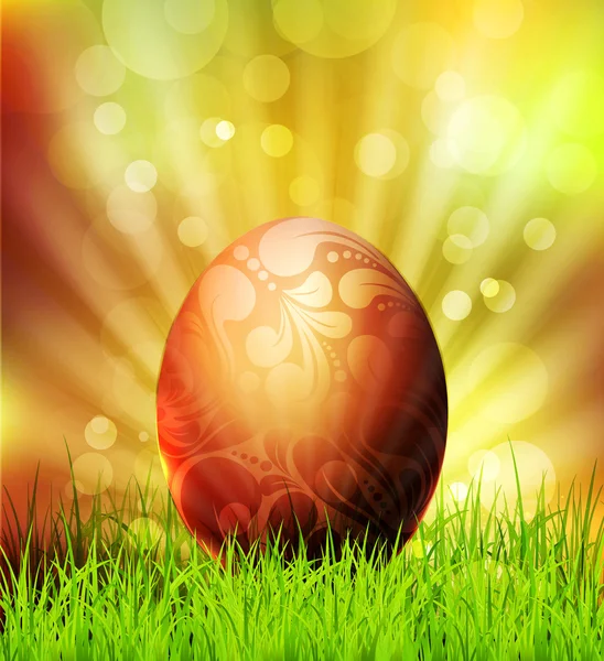 Vector easter egg on grass background and bokeh — Stock Vector