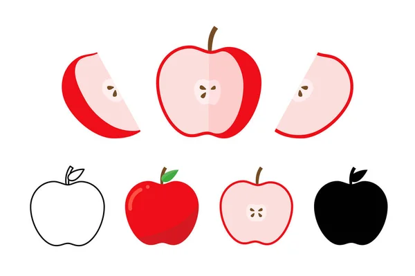 Pomme rouge moitié et tranche. Ensemble de pommes rouges entières et mûres. Illustration vectorielle — Image vectorielle