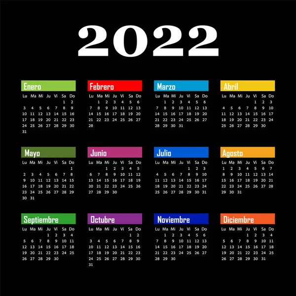 Czarny kalendarz na 2022 rok, do hiszpańskiego.kolor miesiąc. Ilustracje Stockowe bez tantiem