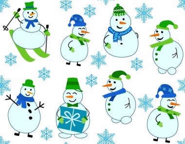 Kardan adam ve kar taneleriyle kış şablonu. Kayak yapan kardan adam ve hediye.