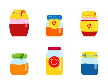 Ev yapımı reçelli cam kavanoz. meyve portakalı, kırmızı, sarı ve mavi reçel. Çilek, şeftali ve muz reçeli.