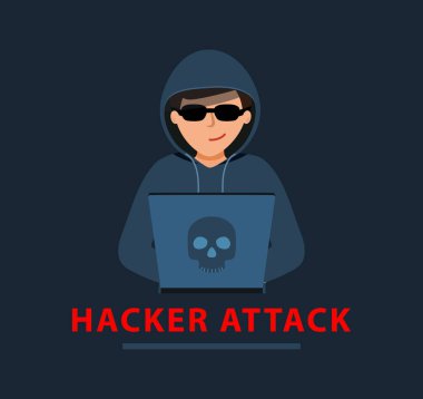 Hacker saldırısı. Siyah kapüşonlu bir adam dizüstü bilgisayarın başında oturuyor. siber hırsız.