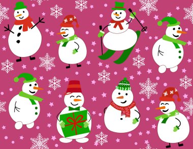 Kardan adam ve kar taneleriyle kış şablonu. Kayak yapan kardan adam.