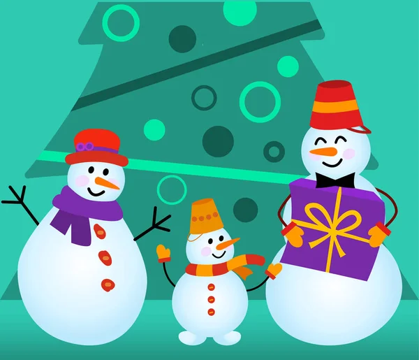 Rodina sněhuláků, Dát dárek dítěti na pozadí vánočního stromečku. — Stockový vektor