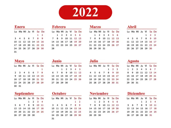 Horizontal simple calendario de bolsillo rojo en 2022 año, en español. — Vector de stock