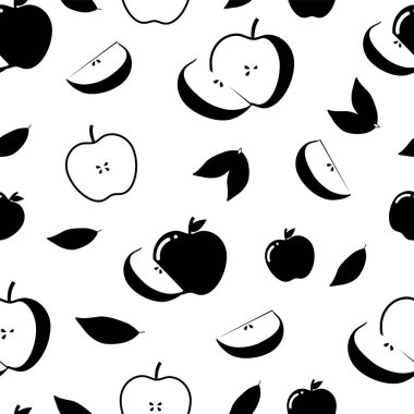 Siyah ve beyaz desenli. Elma ve yapraklarla kusursuz desen.