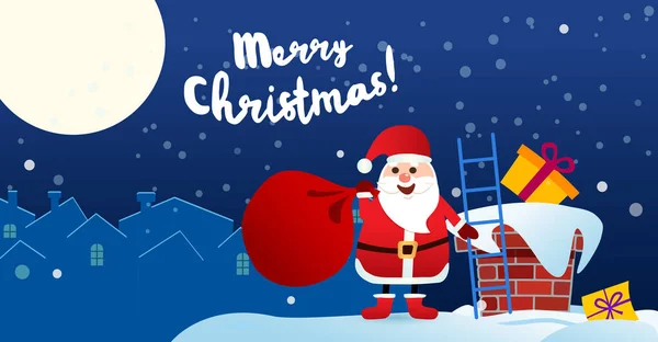 메리 크리스마스의 어두운 삽화. 선물 가방을 들고 지붕 위에 있는 산타클로스 — 스톡 벡터