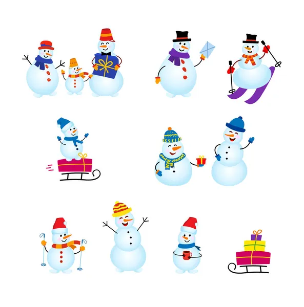 Set Jolies bonhommes de neige de Noël. Homme de neige drôle portant chapeau et écharpe, bonhommes de neige avec des cadeaux et des skis. — Image vectorielle