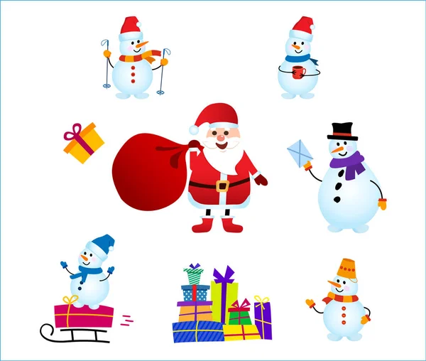 Colección de muñeco de nieve llevar un tema de invierno y Santa Claus con una bolsa de regalos. Recurso gráfico — Vector de stock