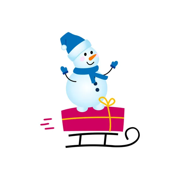 Personnage de bonhomme de neige porte un cadeau sur un traîneau.. Illustration vectorielle. — Image vectorielle