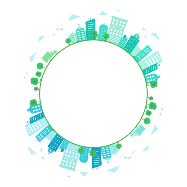 Blå och gröna staden i cirkel. Panorama över stadsbyggnader. Runt staden en kopia utrymme — Stock vektor