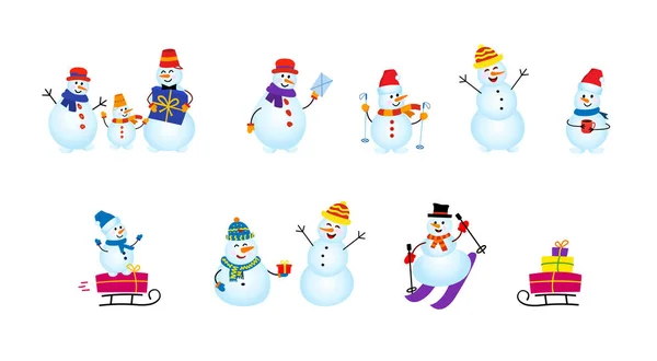 Uppsättning vintersemester snögubbe. Glada glada jul snögubbar. snögubbsfamiljen — Stock vektor