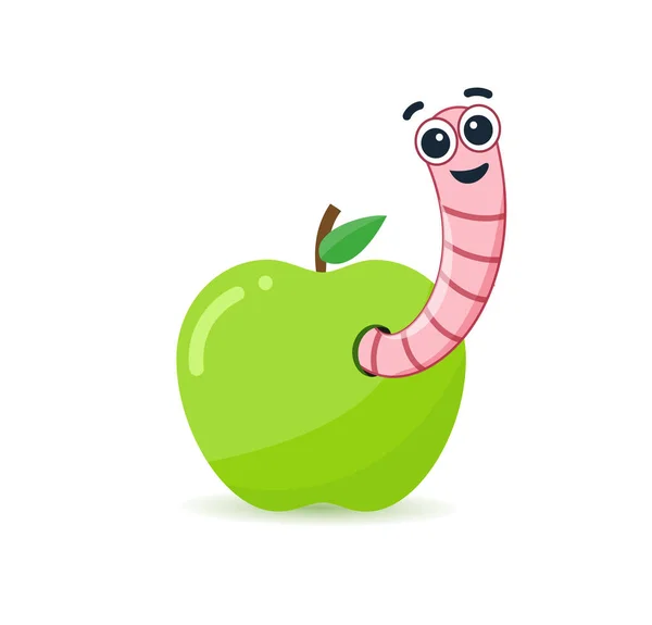 Groene appel met wormen. Worm is een stripfiguur die uit een appel komt. — Stockvector