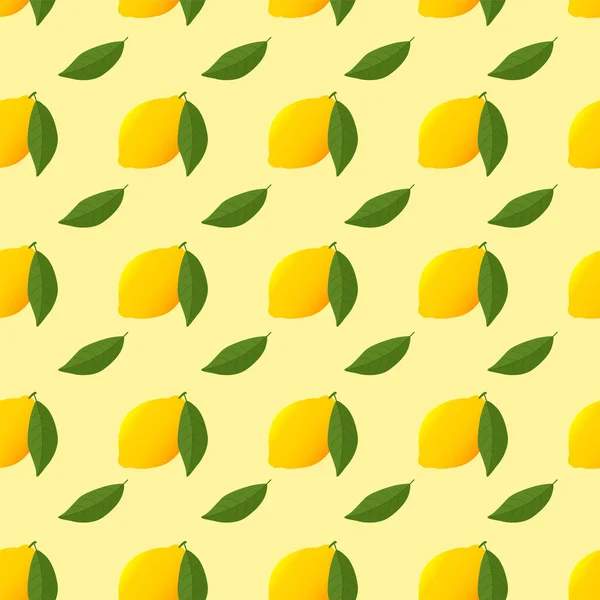 Fresh yellow lemon and green leaf pattern. Vector colorful background. — Stock Vector