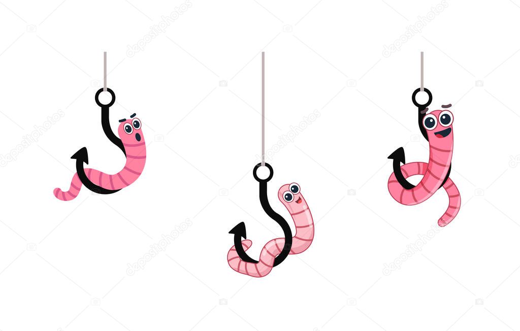 Set Cartoon worm on a hook. Emotion horror. vector illustration