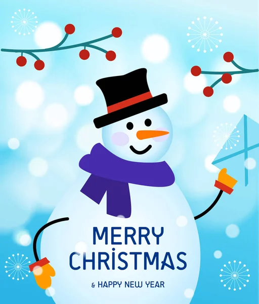 Postman with a letter in his hand. snow winter card. Christmas Cute Cheerful Snowman — Stock Vector