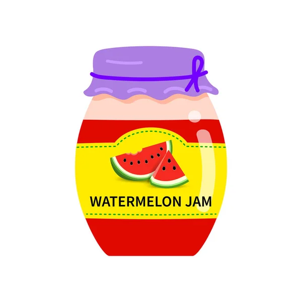 Label with piece watermelon on a jar of confiture. closeup Glass jar with watermelon jam. — Stock Vector
