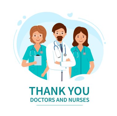 Thank you doctors and nurses. Card with Group of doctors.