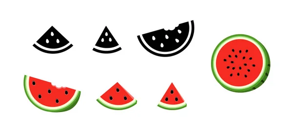 Definir ícones de melancia cor preta e vermelha. Metade e inteiro, peça redonda e fatia triangular. Ilustração De Bancos De Imagens