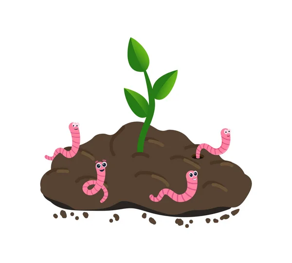 Mała Roślina Rosnąca Ziemi Dżdżownicy Robak Młoda Zielona Roślina Ilustracja — Wektor stockowy