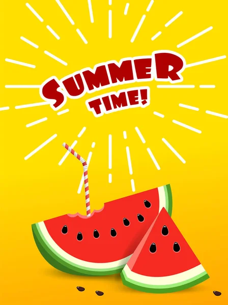 Mit Bleistift gezeichnete Sonne mit Text Sommerzeit und Wassermelone. — Stockvektor