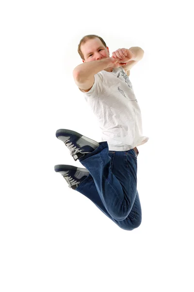 白で隔離される若い男をジャンプ — ストック写真