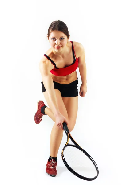 Mujer tenis jugando aislado en blanco — Foto de Stock