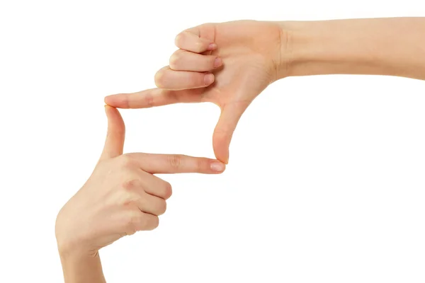 Vinger foto frame vrouwelijke handen gebaren geïsoleerd op wit — Stockfoto