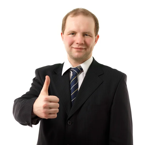 Successful businessman thumb up isolated on white — Stock Photo, Image