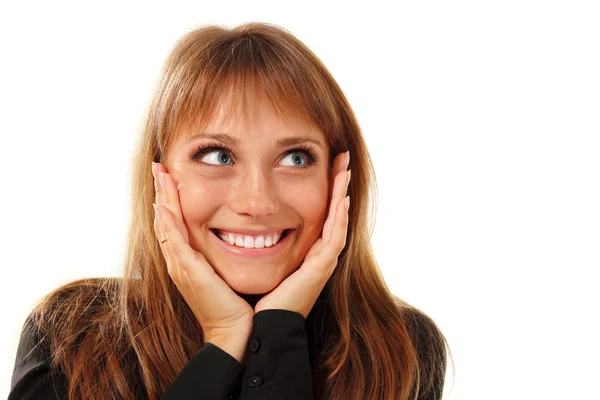 Woman beautiful young looking up into the corner isolated on whi — Stock Photo, Image