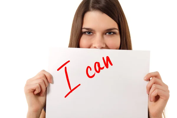 Cheerful teen girl holding message "I can" — Stock Photo, Image