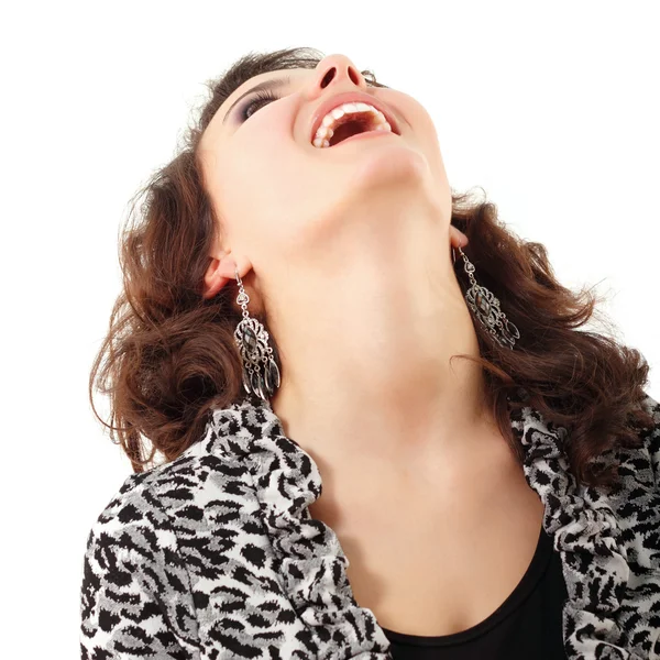 Adolescente chica feliz buscando hasta aislado en blanco — Foto de Stock