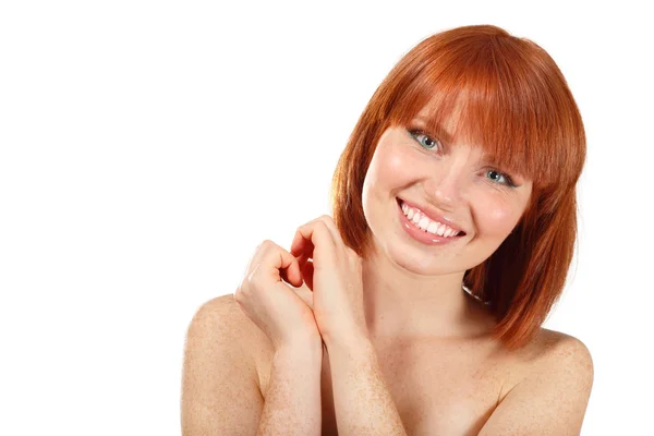 Mulher bela jovem sorrindo isolado no branco — Fotografia de Stock