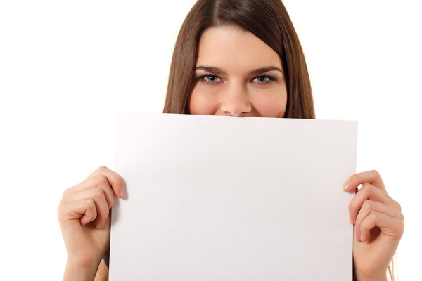 cheerful teen girl holding blank white paper closeup isolated on white background