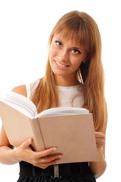 Öğrenci genç kız üzerinde beyaz izole kitap ile neşeli — Stok fotoğraf