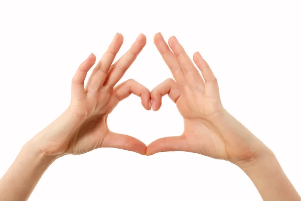 Szív alakú gesztus kezek elszigetelt fehér női — Stock Fotó